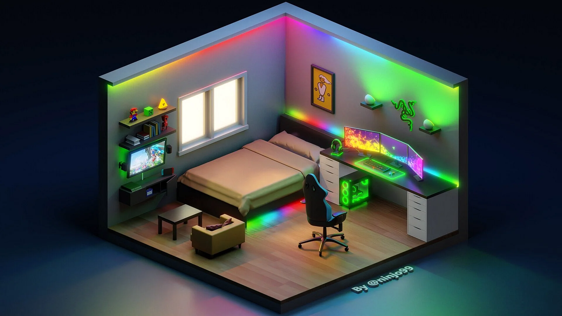 3d Gaming isometric Room (Razer themed)