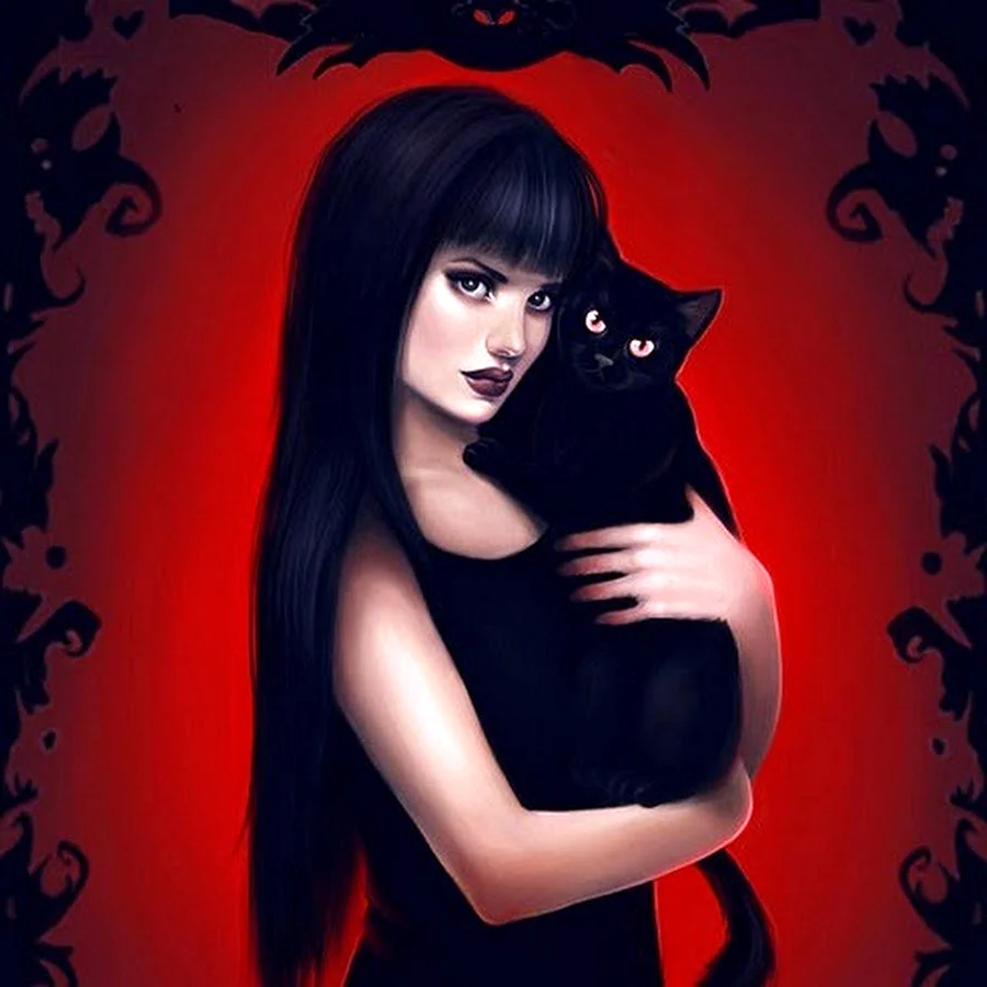 Anime Gothic девочка с котиком