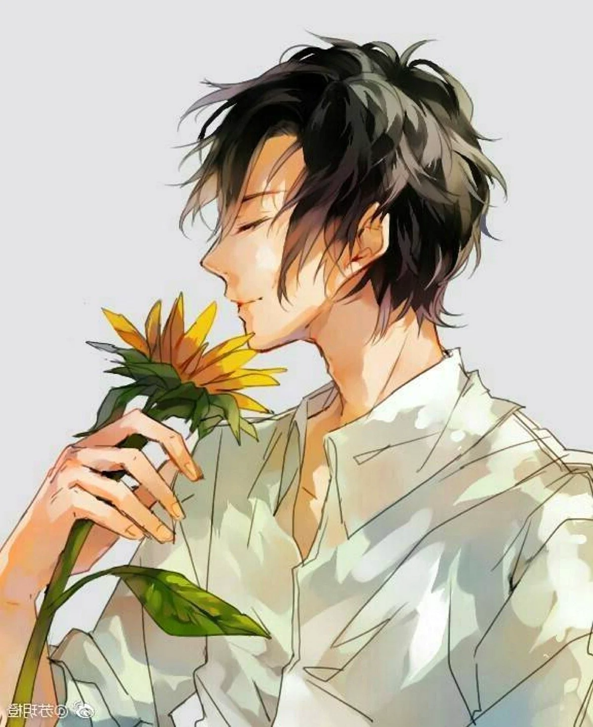 Аниме мальчик с цветами