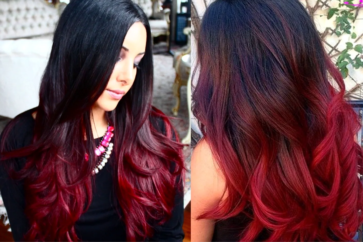 Баклажановый цвет волос с красными прядями