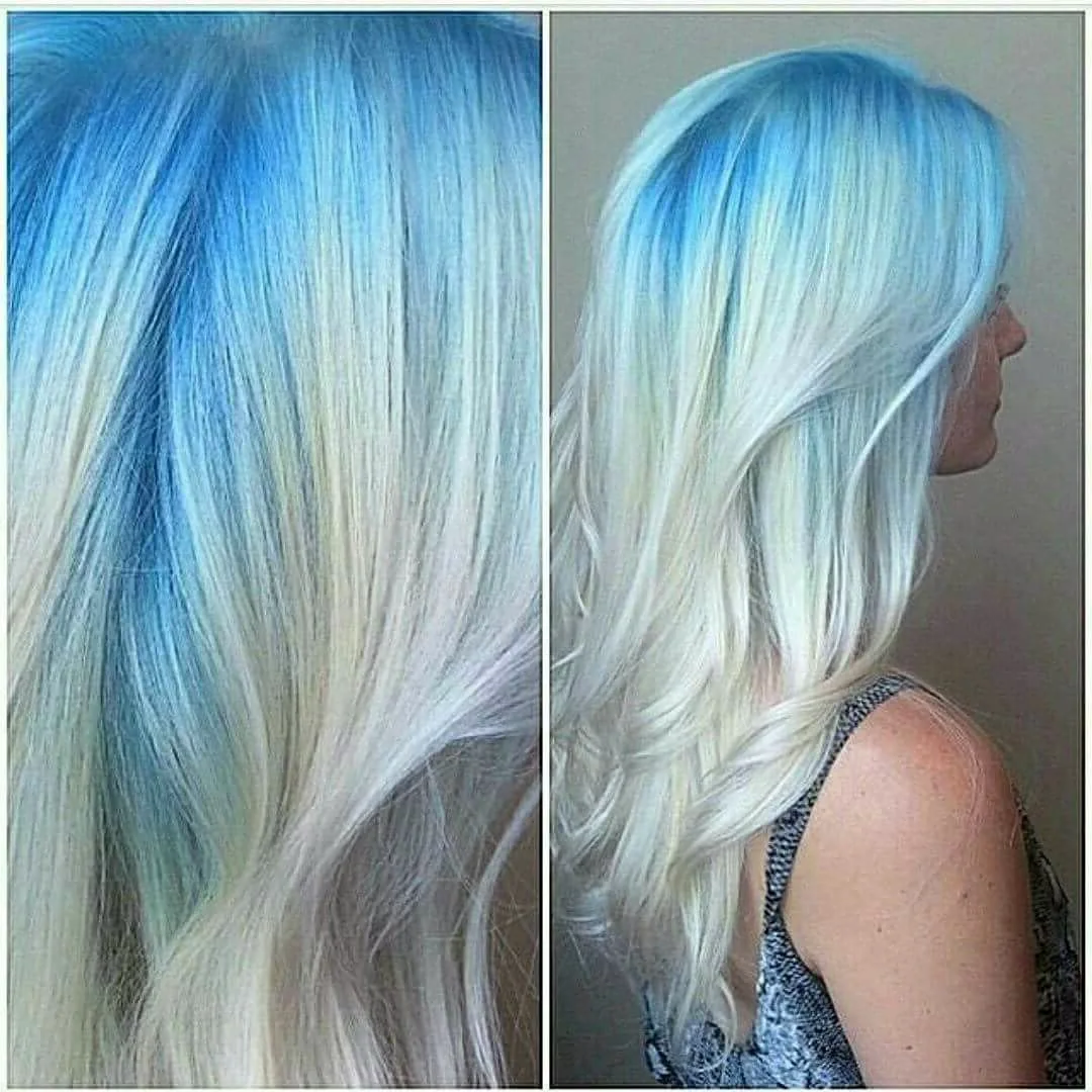 Белые волосы с голубыми прядями