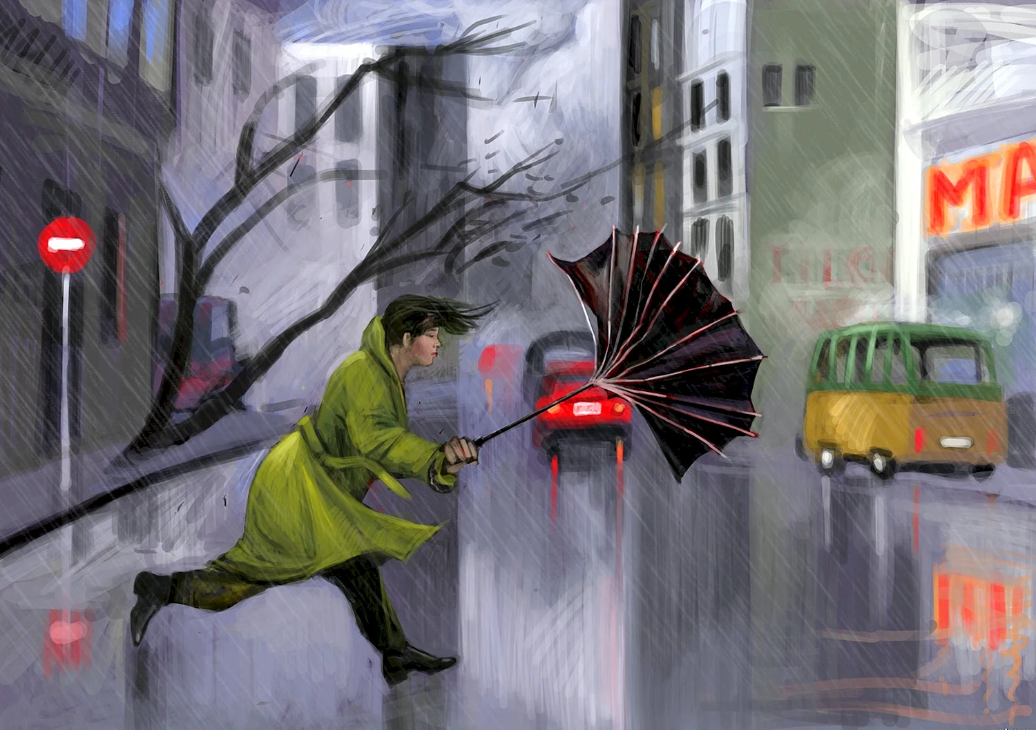Человек с зонтом сильный ветер