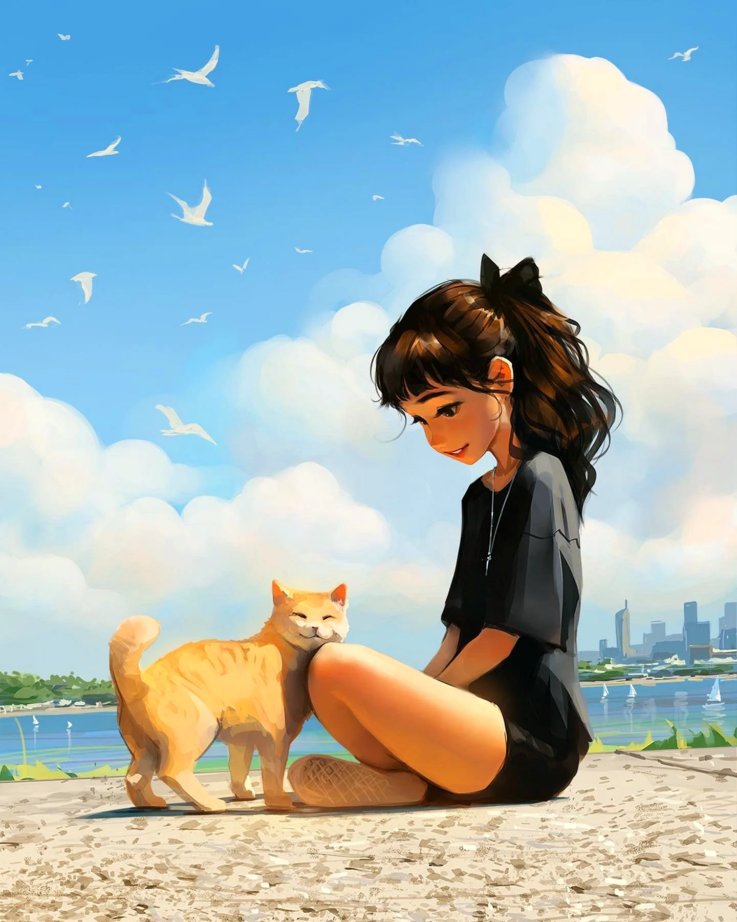 Девочка подросток с котом арт