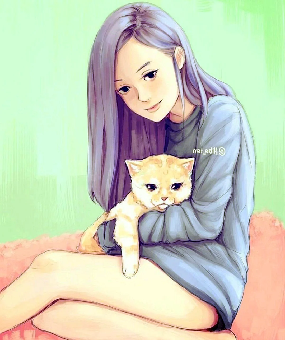 Девушка с котом рисунок