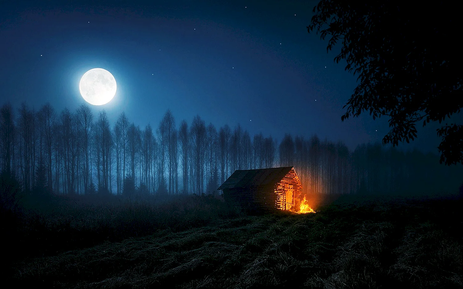 Дом в поле ночью