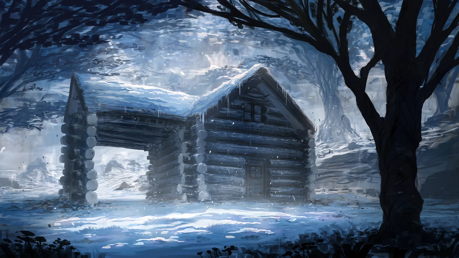 Дом в зимнем лесу арт