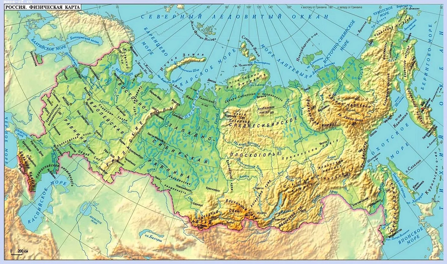 Географическая карта рельефа России