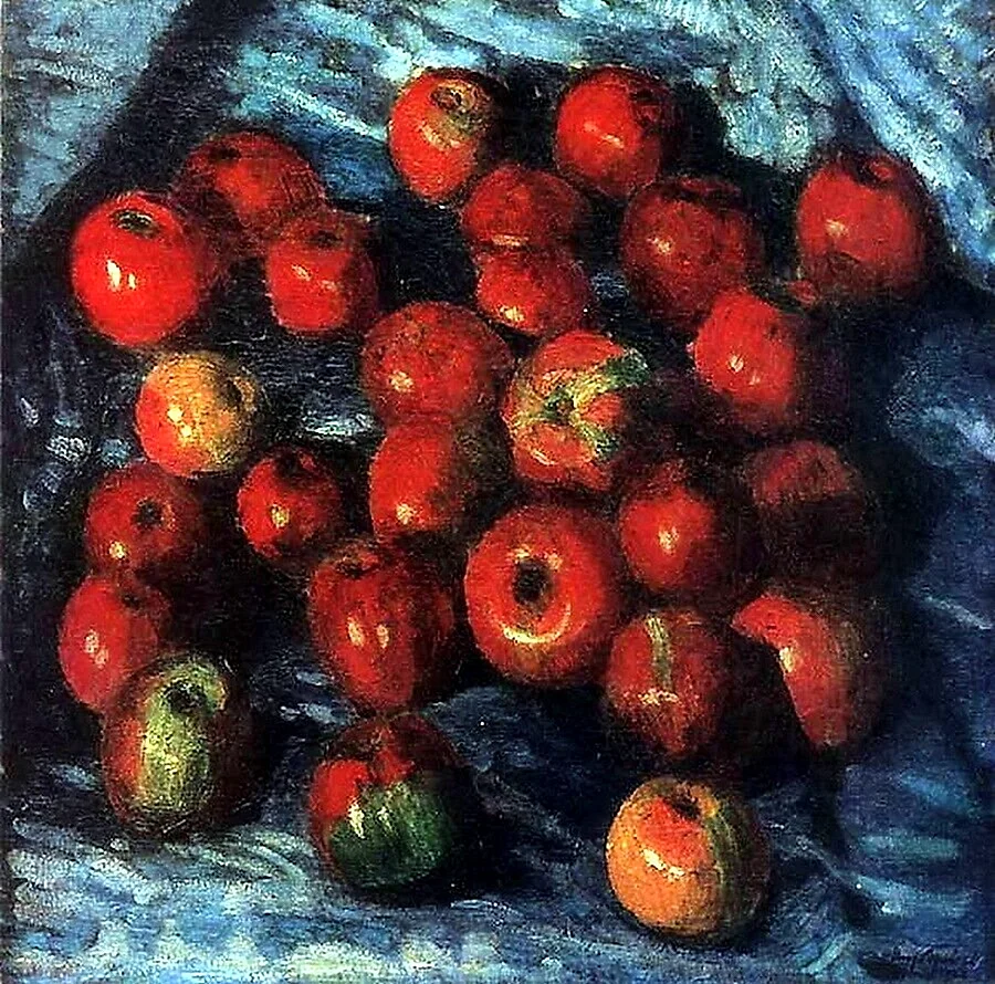 Игорь Грабарь красные яблоки на синей скатерти 1920