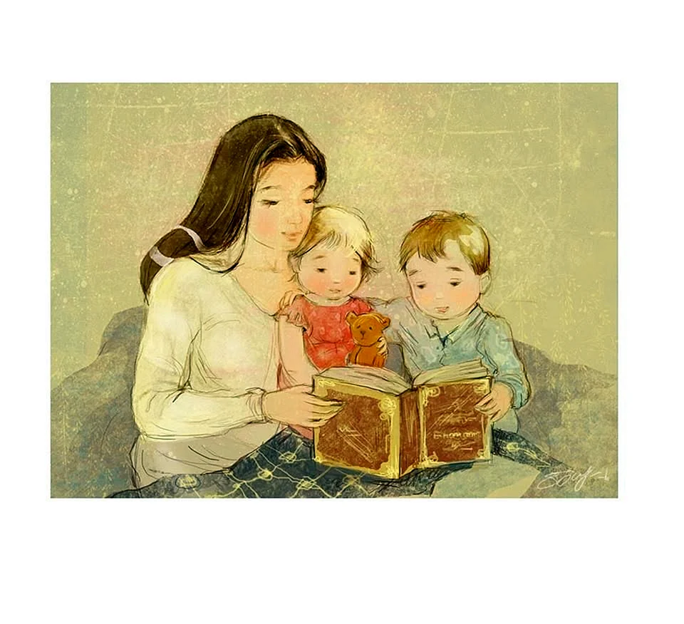 Иллюстрация мама читает ребенку