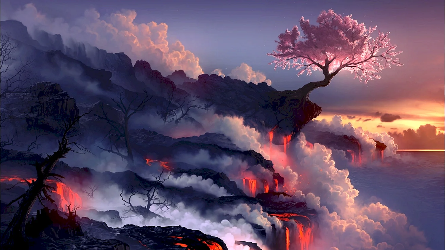 Извержение лава вулкан Сакура дерево