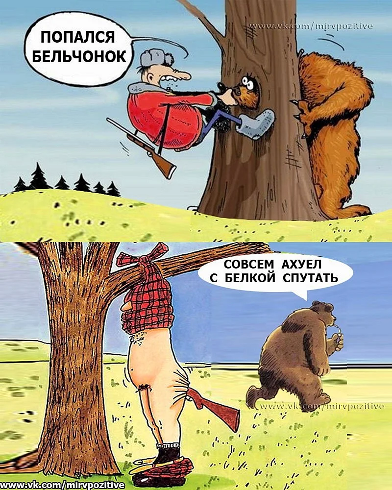 Карикатура медведь и охотник
