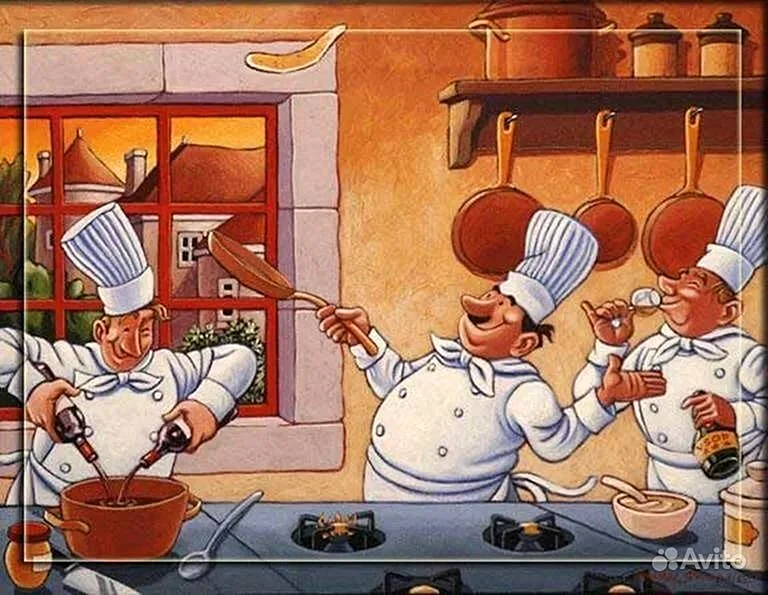 Карикатура повара на кухне