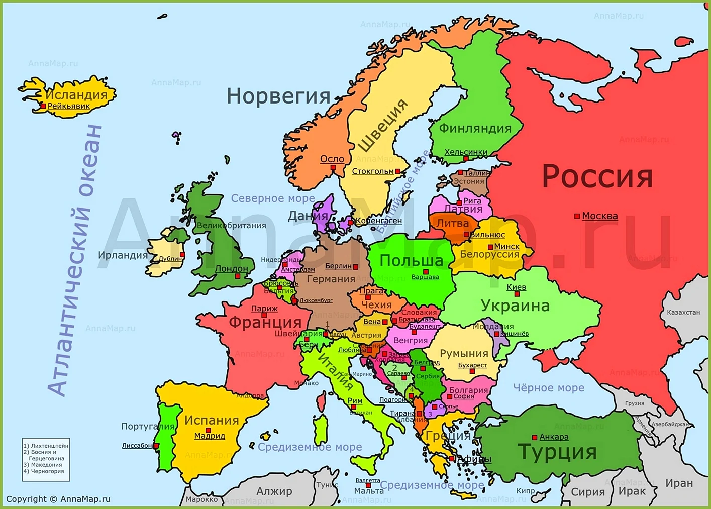 Карта Европы со странами крупно на русском
