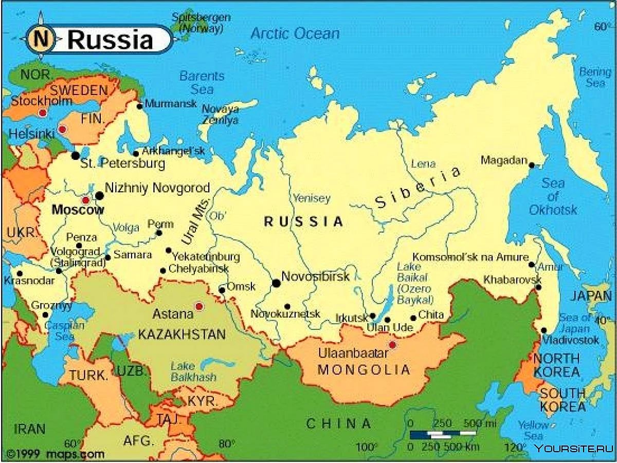 Карта России географическая с границами государств