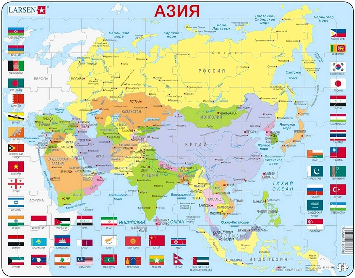 Карта зарубежной Азии со странами и столицами