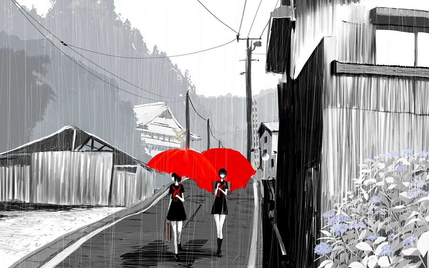 Картина в серых тонах с красным зонтом