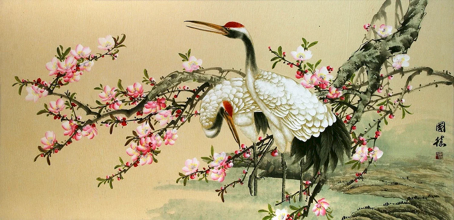 Китайская живопись птицы Журавли