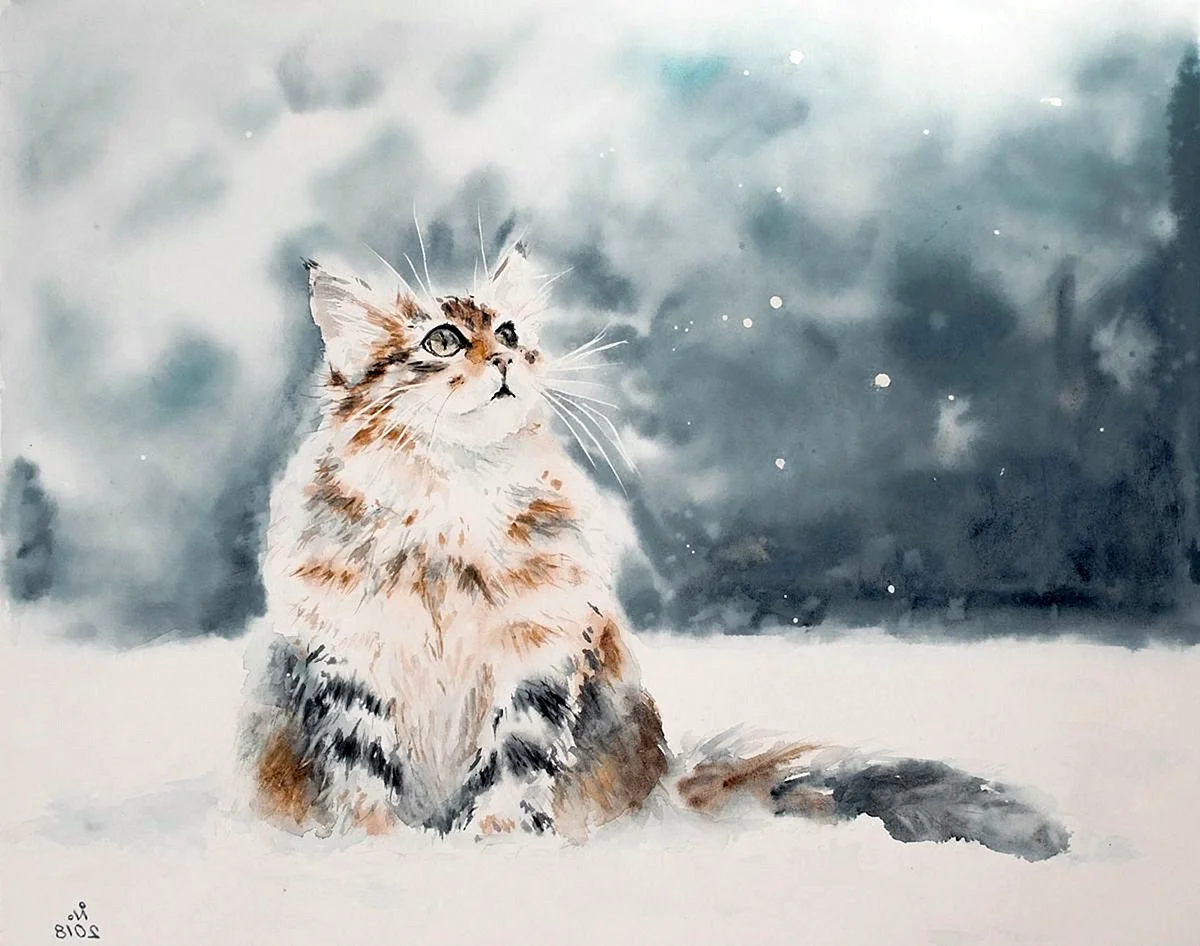 Кот и снег живопись