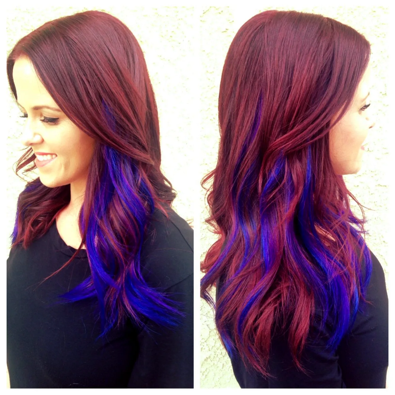 Красные волосы с фиолетовыми прядями