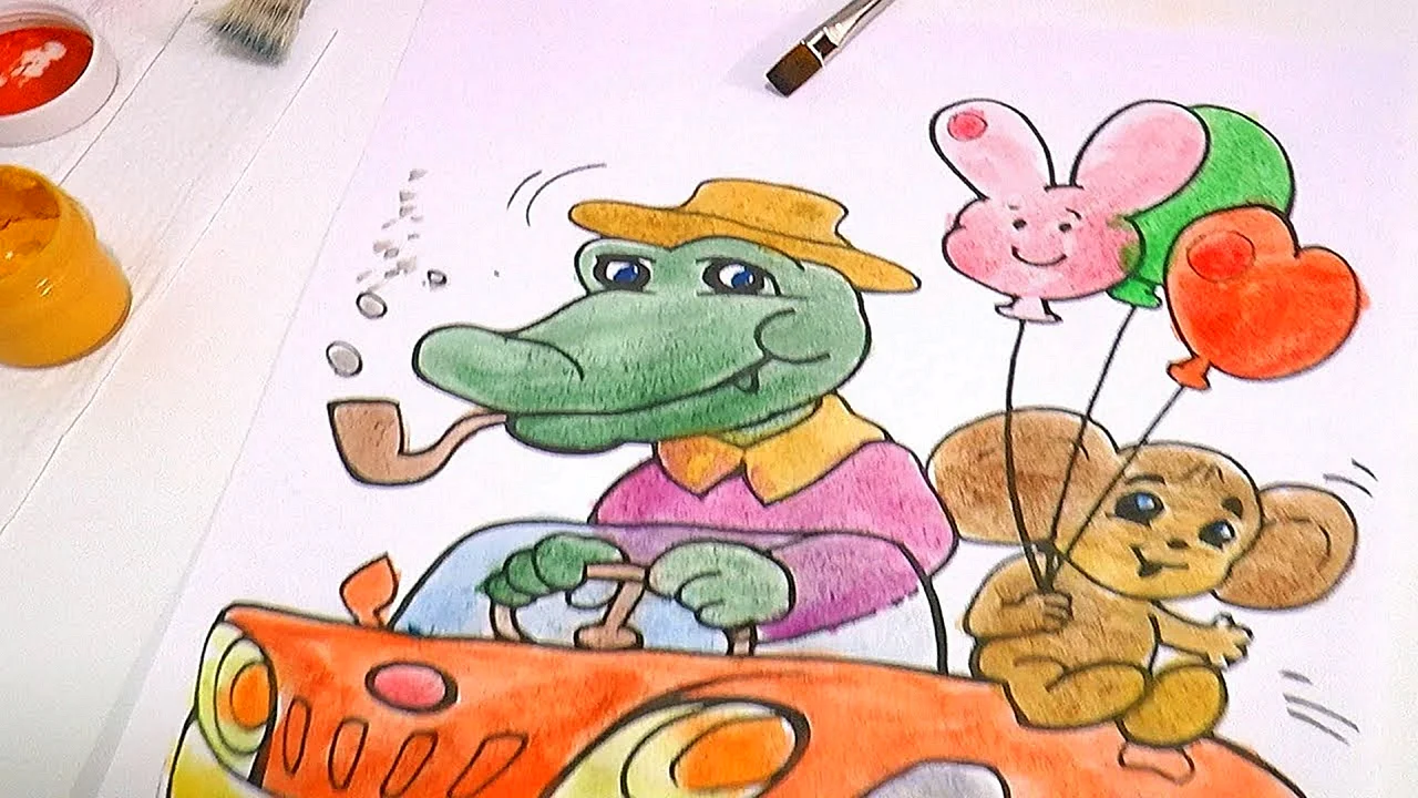 Крокодил Гена цветными карандашами
