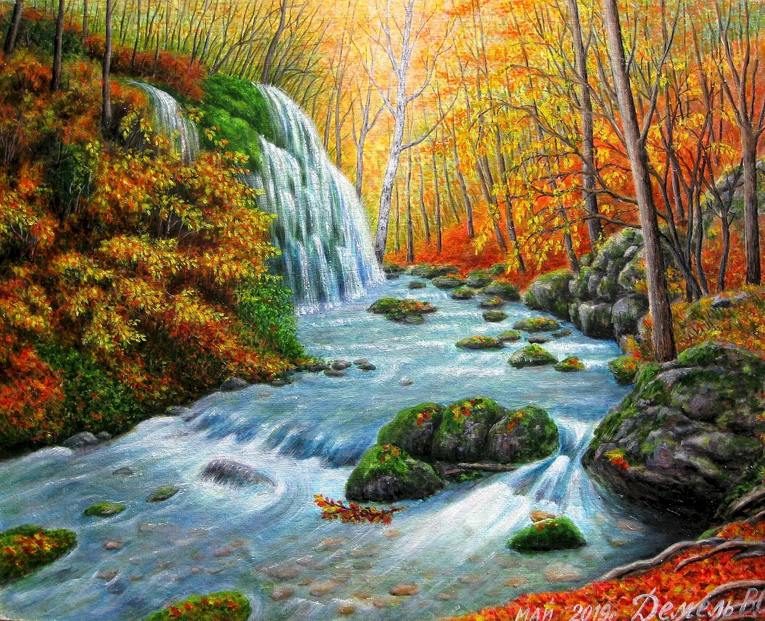 Лесной водопад живопись