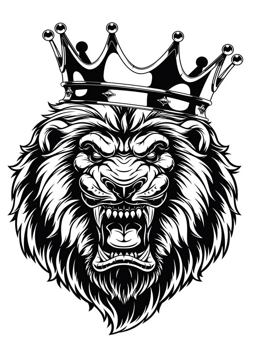Лев с короной на голове черно белый вектор