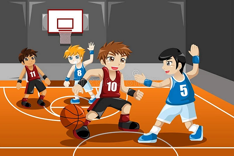 Мультяшные дети играют в баскетбол