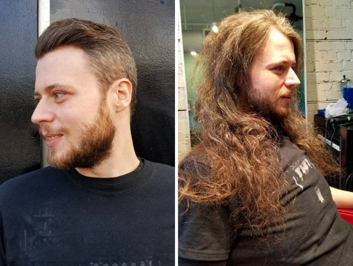 Мужчина с длинными волосами до и после стрижки