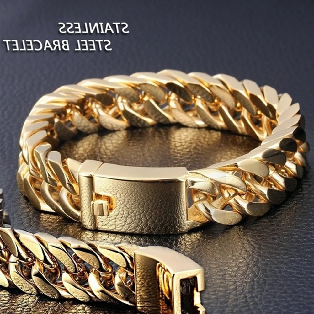 Мужской браслет Classic 8.5 14mm 18k Gold men's Jewelry Stainless Steel Cuban Chain Bracelet