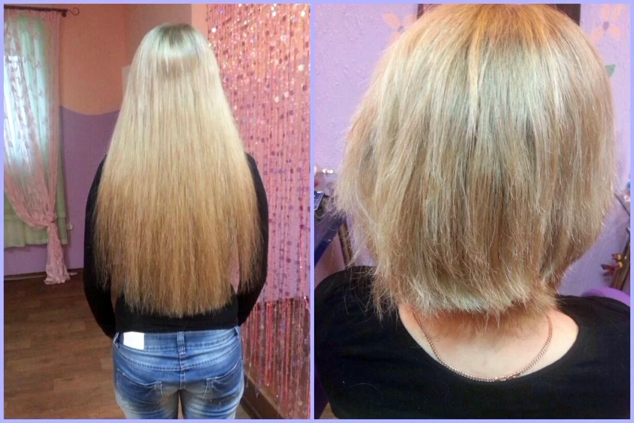 Нарощенные волосы каре до и после