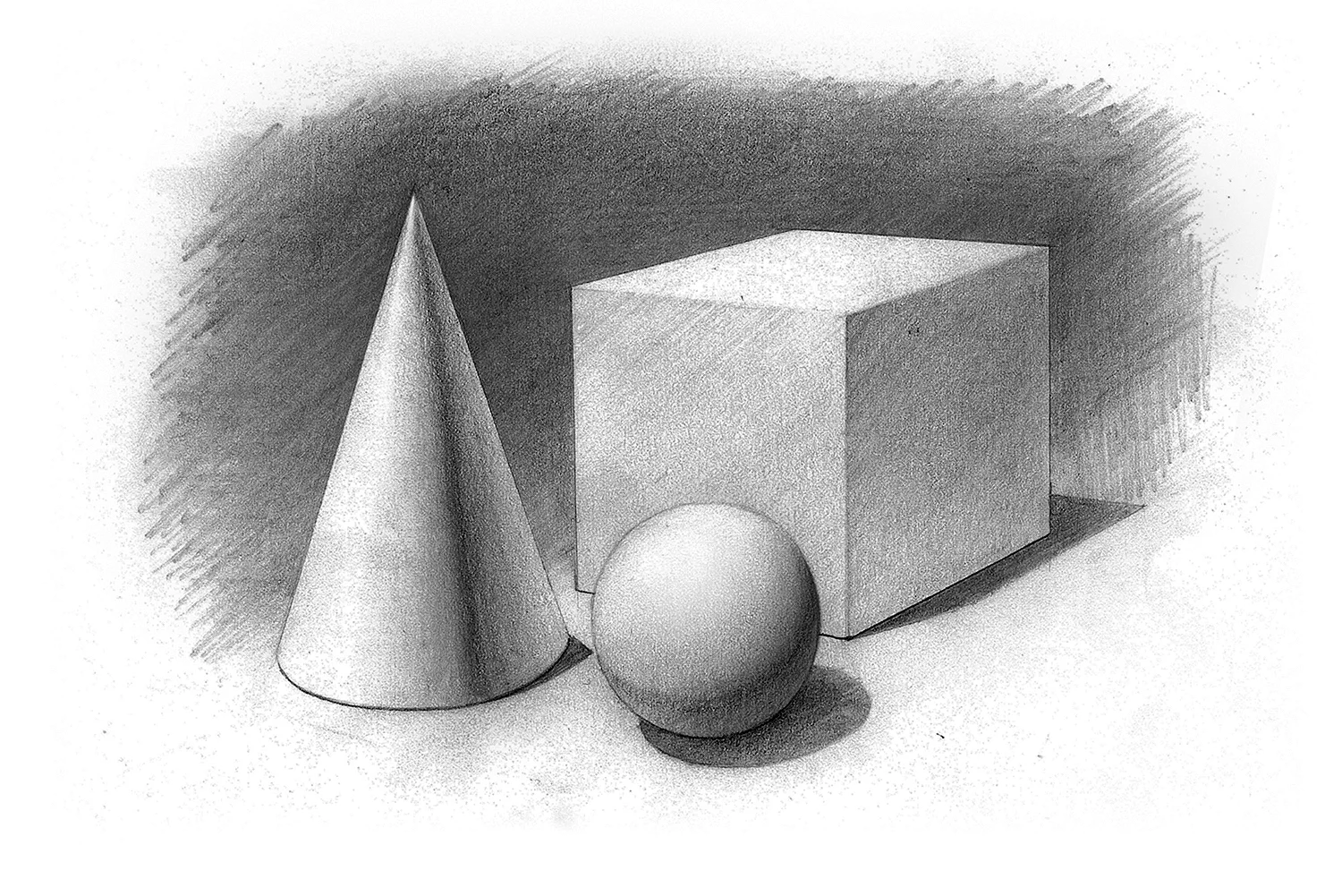 Натюрморт из геометрических форм (куб, конус, шар), Графика.