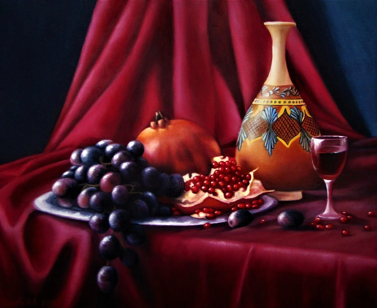 Натюрморт с виноградом и гранатом живопись