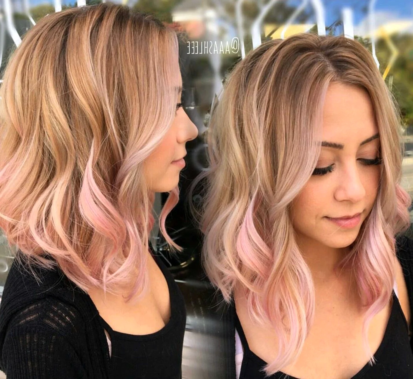 Окрашивание блонд с розовыми прядями
