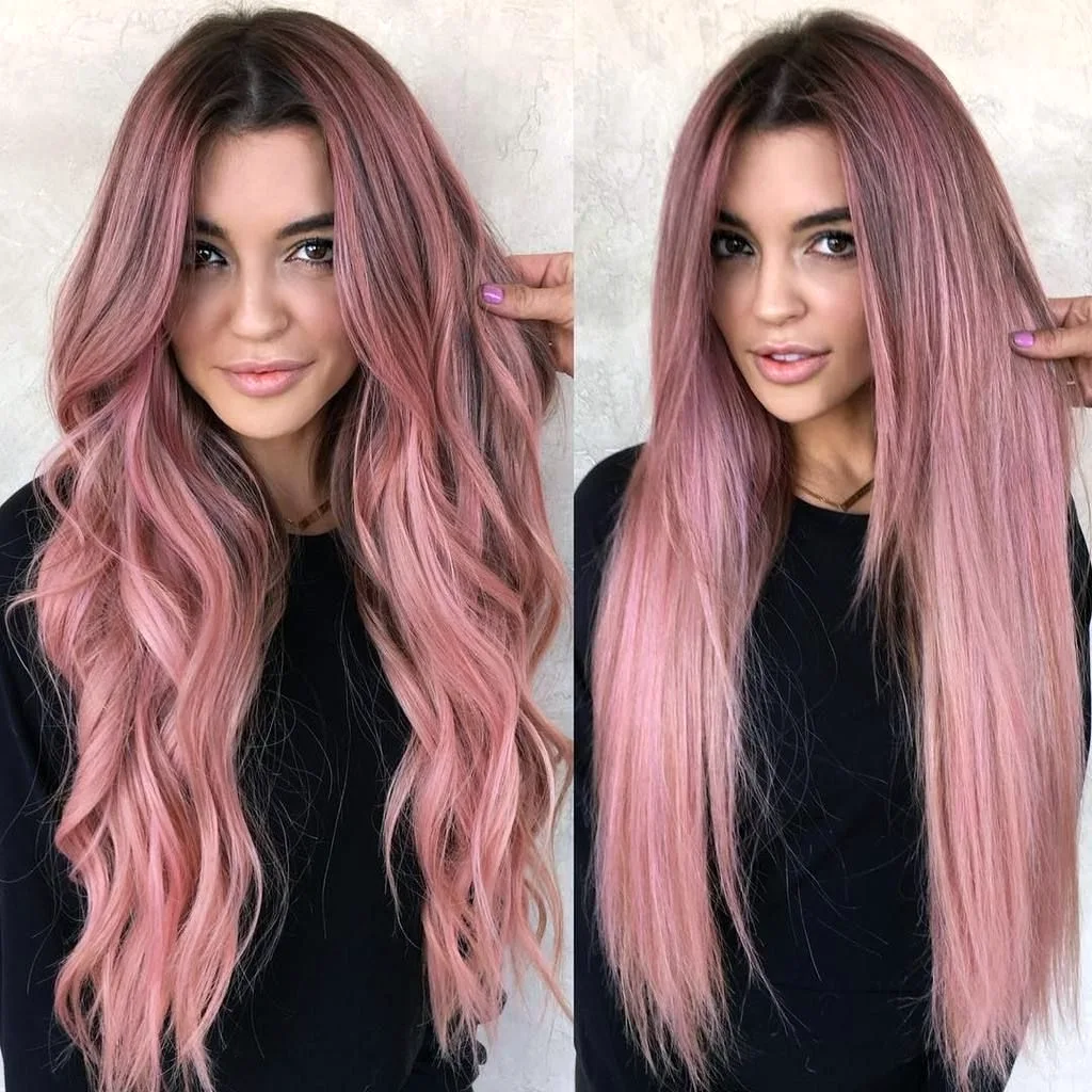 Омбре на темные волосы с розовым оттенком