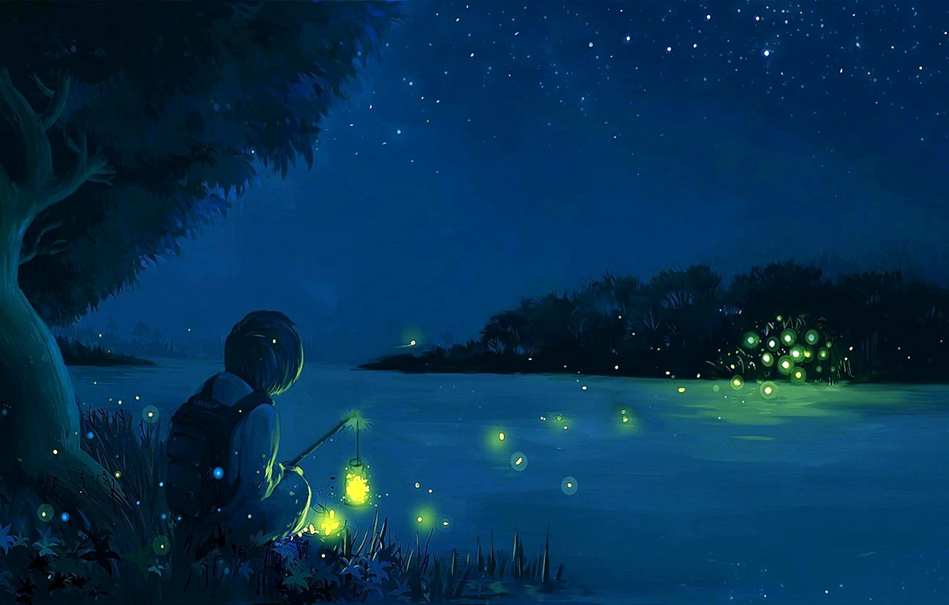 Озеро со светлячками аниме