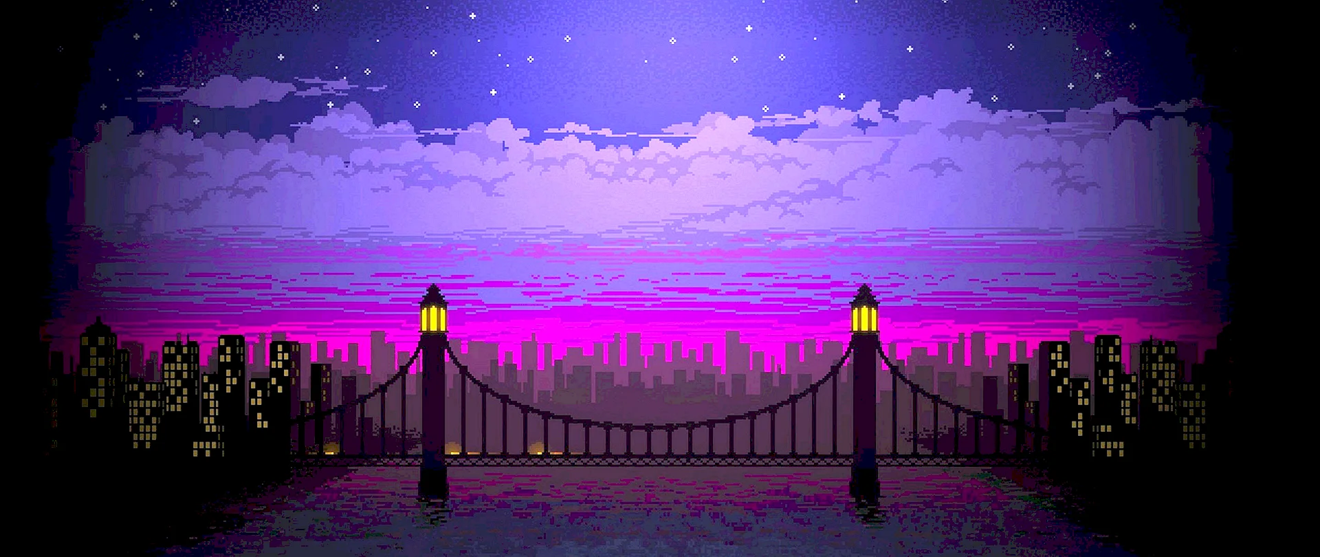 Пиксельный город на мосту