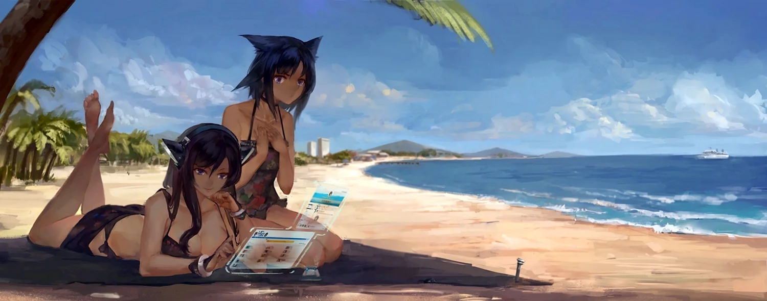 Пляж аниме девушки с боку