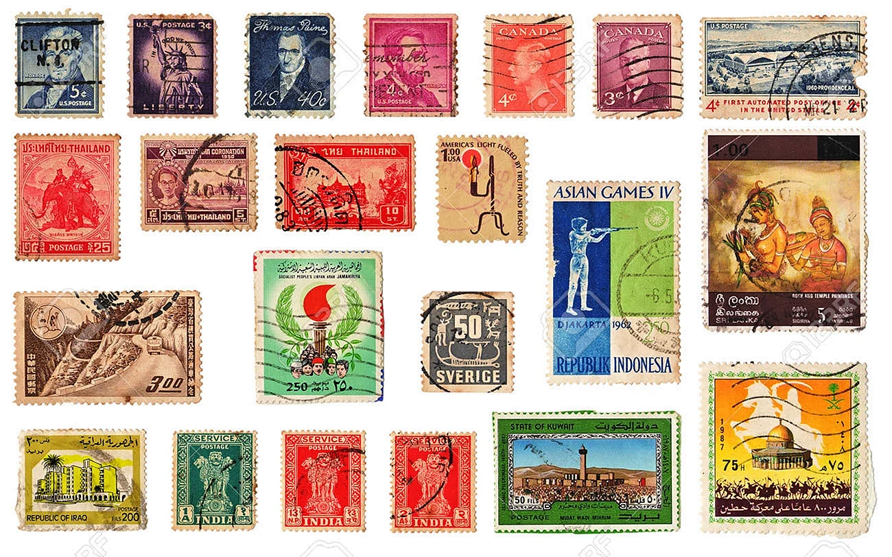 Почтовые марки на белом фоне