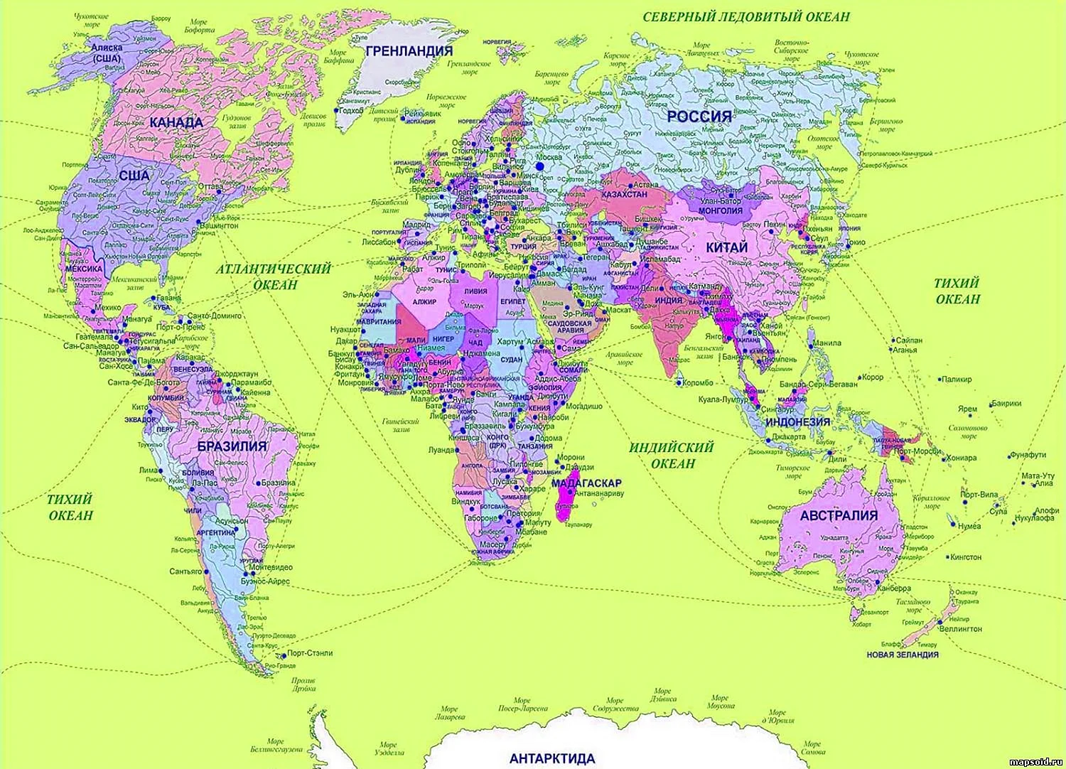Политическая карта мира со странами и столицами на русском языке