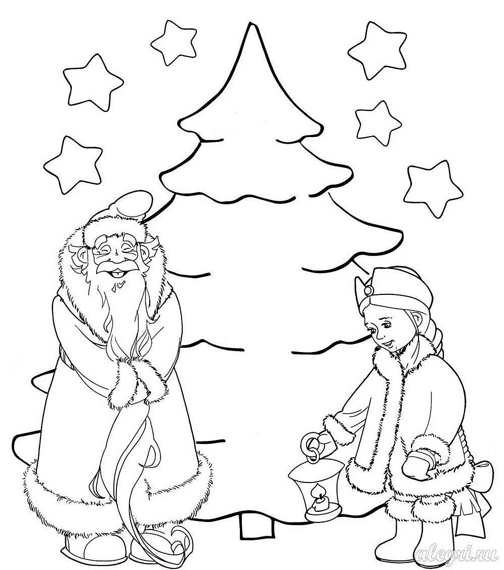 Раскраска дед Мороз и Снегурочка и елка