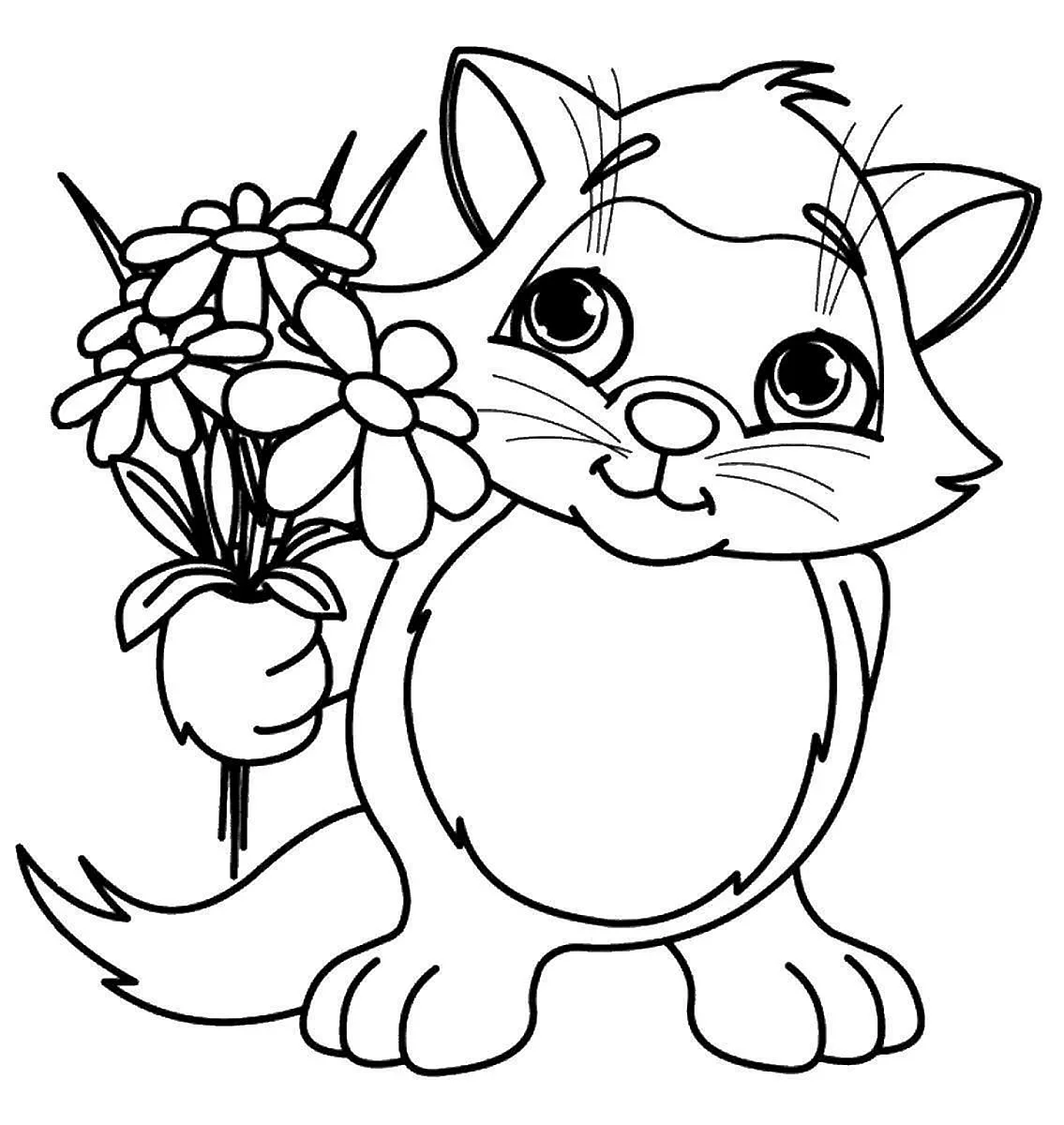 Раскраска котик с цветами