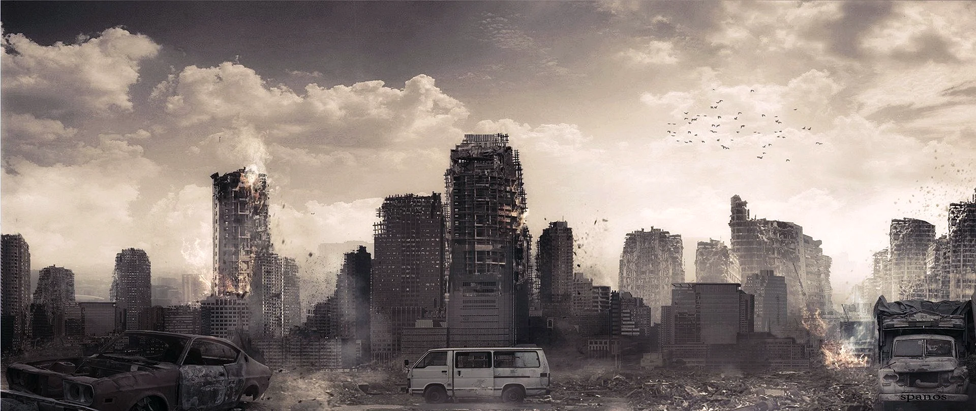 Разрушенный город в тумане