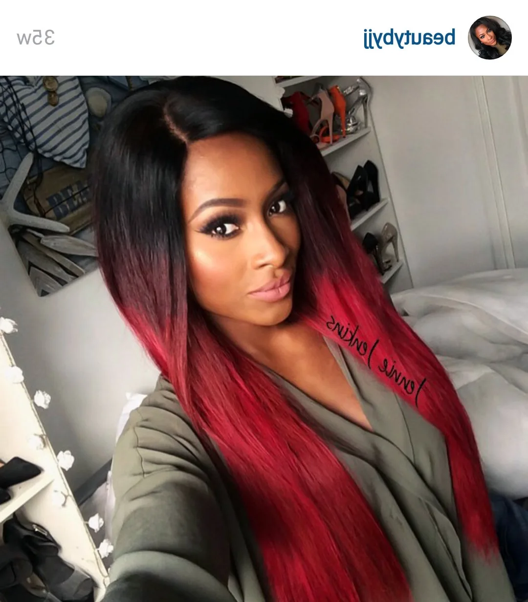 Red hair Ombre Wig long Black