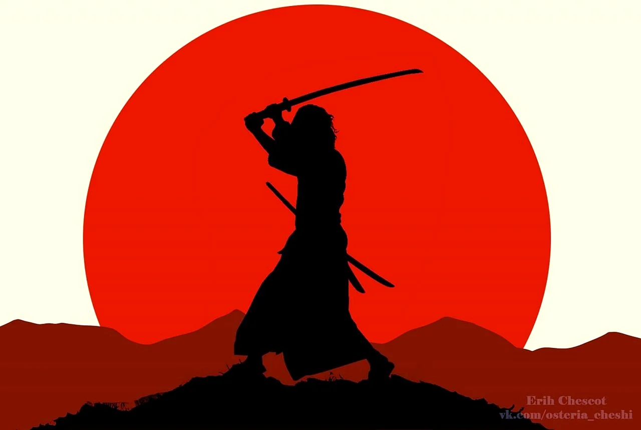 Самурай на фоне красного солнца