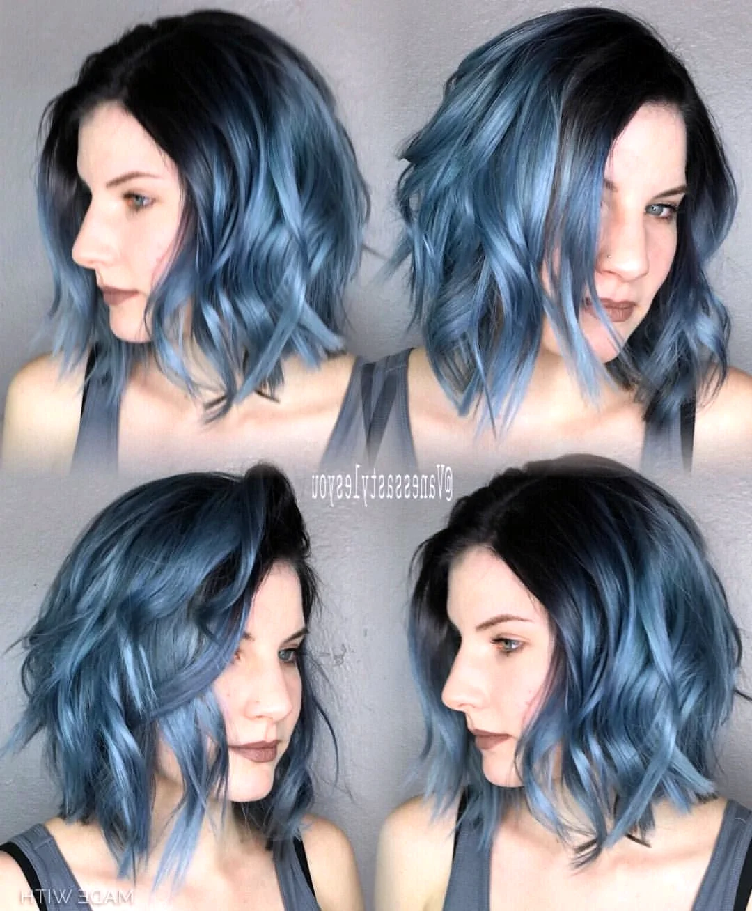 Синее омбре на волосах на коротких волосах