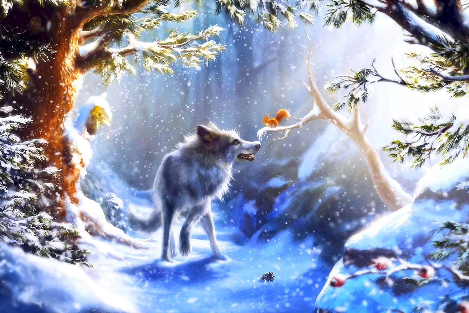 Сказочный зимний лес со зверями