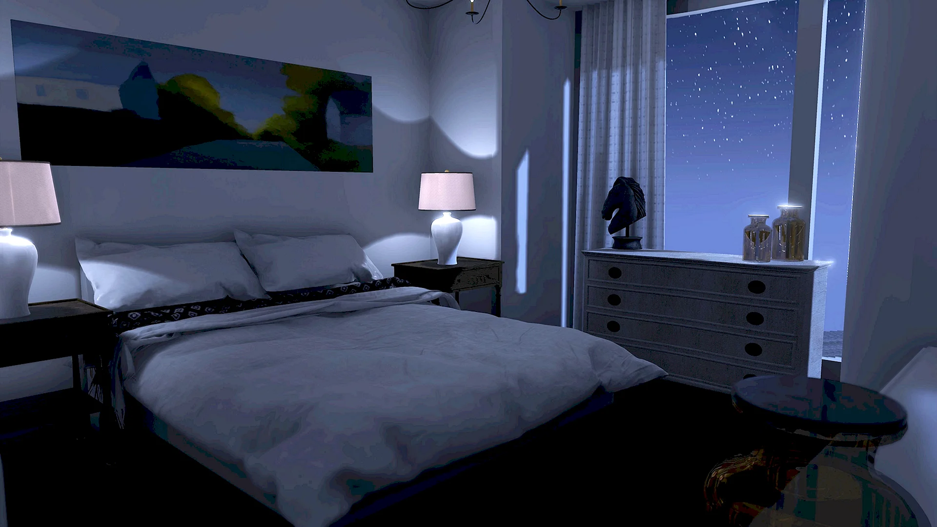 красивая комната ночью с кроватью