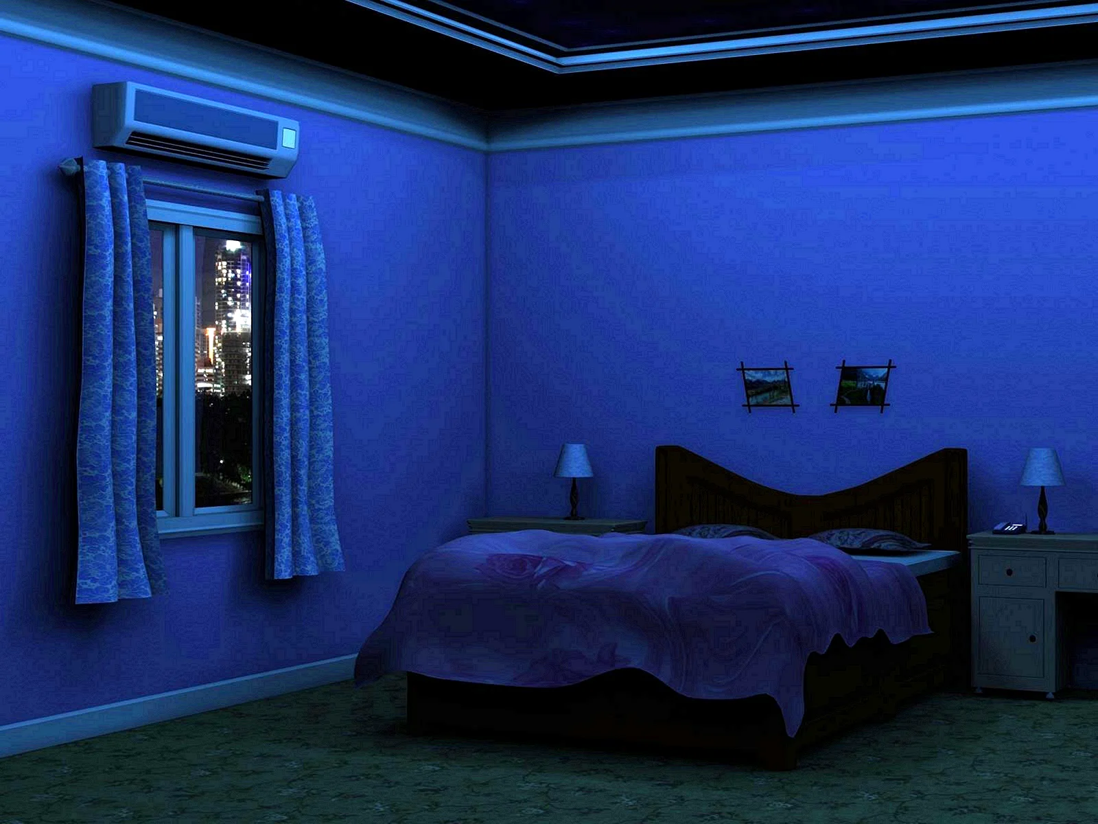 фон ночной комнаты с кроватью