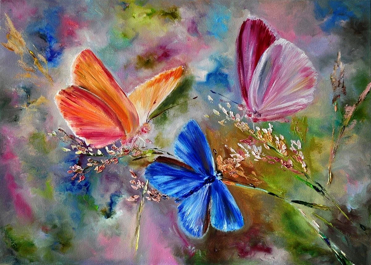 Цветы лето живопись бабочки