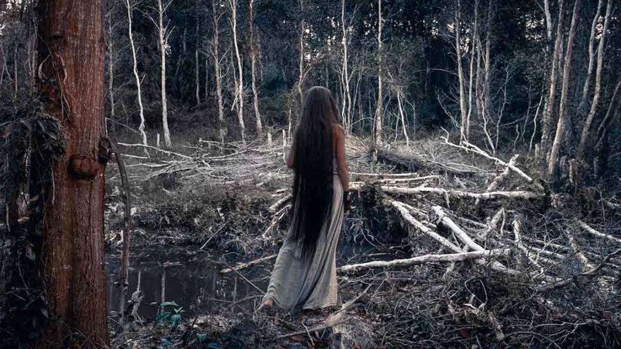 Ведьма в лесу со спины